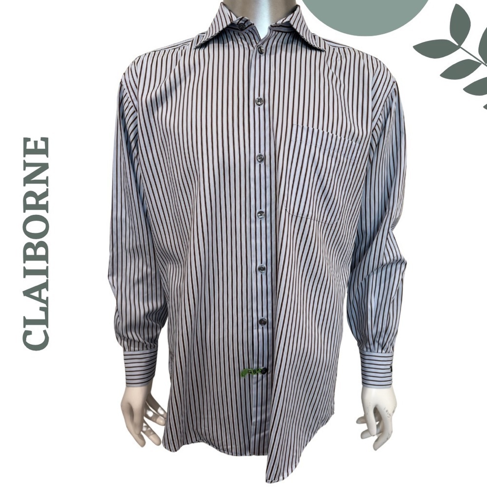 🛍️3/$40 CLAIBORNE Men’s Striped Dress Shirt Classic Blue Brown - Size 16